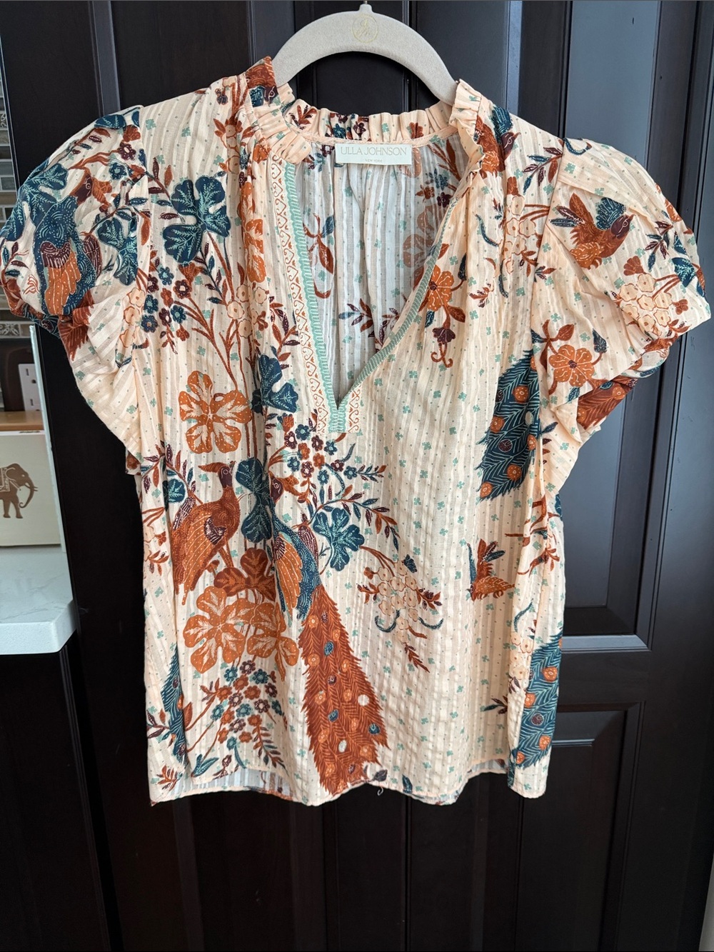 Ulla Johnson Peach Cream Floral Peacock Print V-Neck Blouse